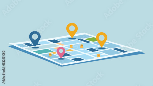 A stylized map with location pins in blue pink and yellow on a light blue background illustration