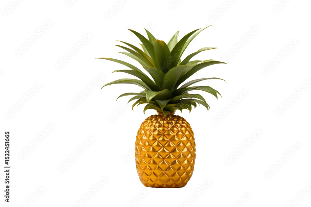 Fototapeta premium A golden pineapple with green leaves stands against a dark transparent background. background removed