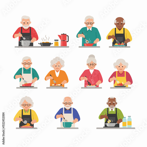 Seniors cooking food diverse group illustration