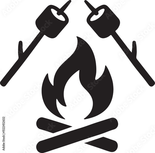 Silhouette vector of campfire with marshmallows. Ideal for camping, outdoor fun, and adventure designs.