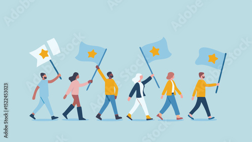 People marching together holding flags with stars on a light blue background illustration style