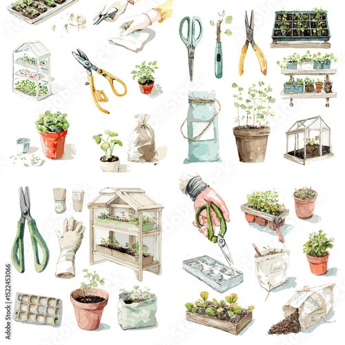 Watercolor clipart set of gardening tools, seedlings, gloves, pots, and greenhouse equipment. Great for farming, home gardening, and sustainability visuals.

