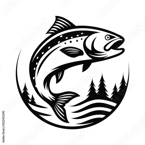 Jumping Salmon Fish Silhouette with Fir Trees Inside Circle, Wildlife Icon Isolated