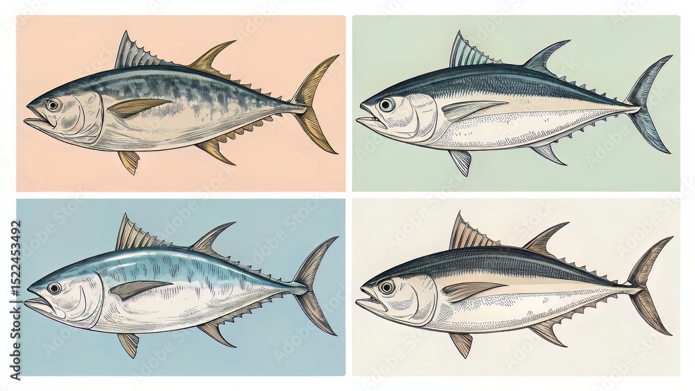 A series of antique tuna drawings in varied poses and textures, designed to emulate marine taxonomy illustrations. A series of antique tuna drawings in varied poses and textures, designed to emulate marine taxonomy illustrations.