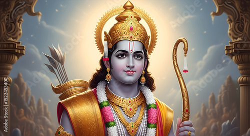 Hindu God Ram, Indian Deity, Lord Rama Portrait, Religious Art, Digital Painting with Archway and Sky.