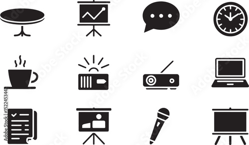 Collection of black and white business icons representing various office and meeting elements