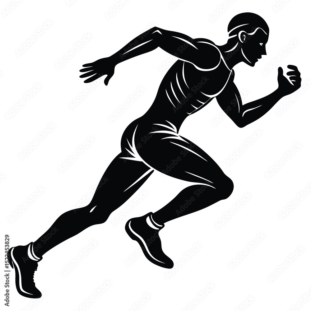 Fototapeta premium Black Silhouette of Man Running Fast on Grass With Horizontal Speed Lines Background
