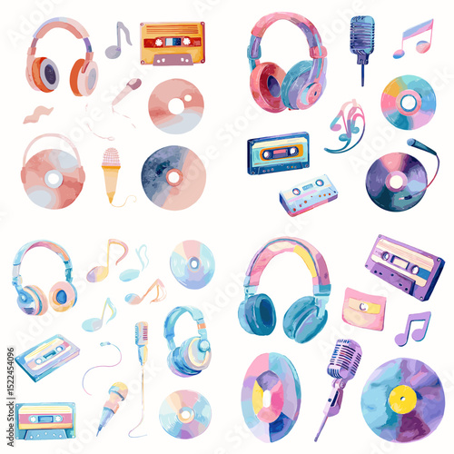Retro pastel music clipart set featuring cassette tapes, headphones, CDs, microphones, and musical notes. Great for vintage music themes and creative projects.

