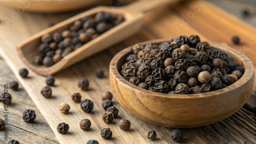 black pepper in a wooden spoon with white background 