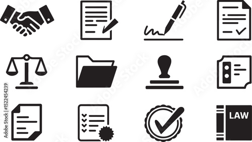 Legal and business icons representing law agreements contracts and legal procedures in monochrome