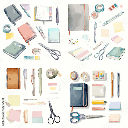 Watercolor clipart collection of journals, notebooks, pens, scissors, washi tapes, and sticky notes. Perfect for planner lovers, bullet journaling, and office design.

