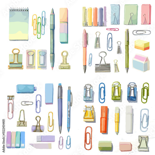 Vibrant pastel stationery clipart set featuring pens, sticky notes, paper clips, highlighters, and more. Great for school, office, and productivity visuals.


