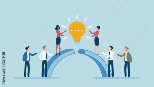 Teamwork illustration with people on bridges and a lightbulb in the center on a blue background