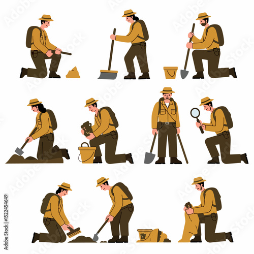 Archeologist character set, exploring and digging objects