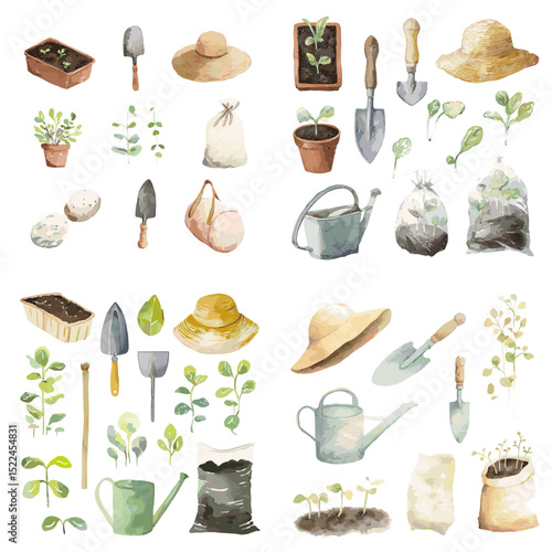Soft watercolor gardening elements set including tools, watering cans, hats, plants, and soil—ideal for farm, nature, and eco-friendly themes.

