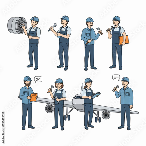 Airplane maintenance workers group cartoon character