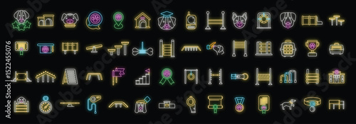 Neon icons representing various aspects of dog training, including agility courses, awards, and accessories, create a vibrant visual