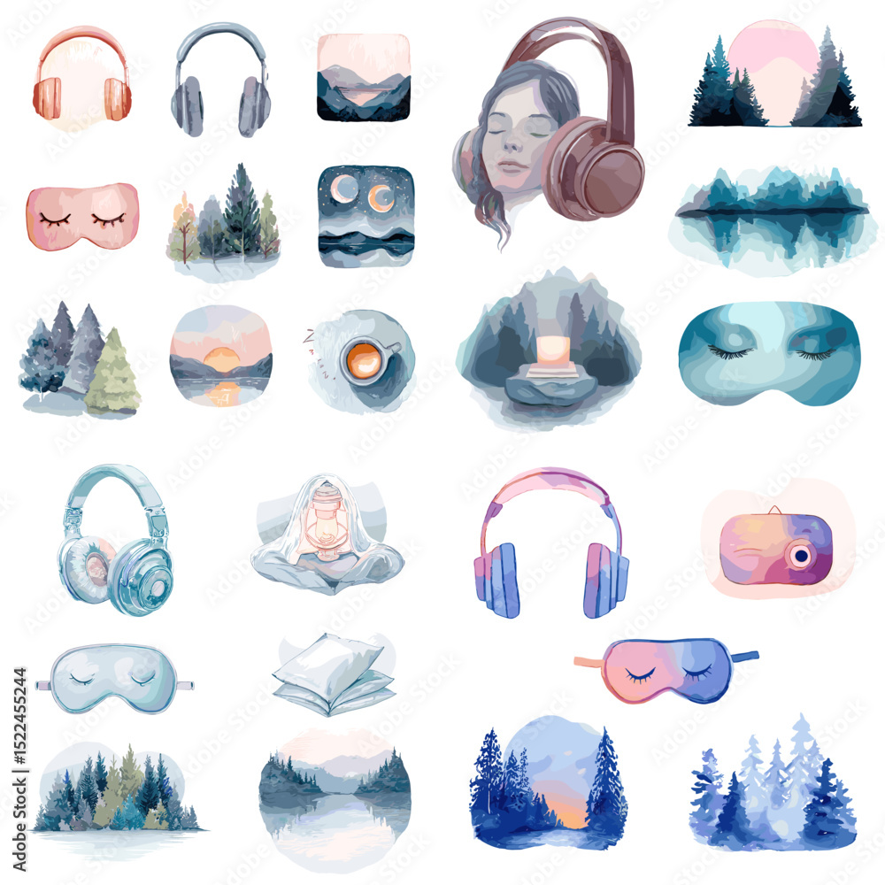 Naklejka premium Calm and dreamy watercolor illustration set featuring headphones, eye masks, nature scenes, and relaxation elements like candles and books.