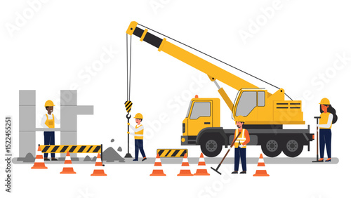 Construction Site Illustration: Crane, Workers, and Safety Cones