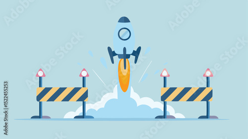 Illustration of a rocket launching between two striped barriers on a light blue background