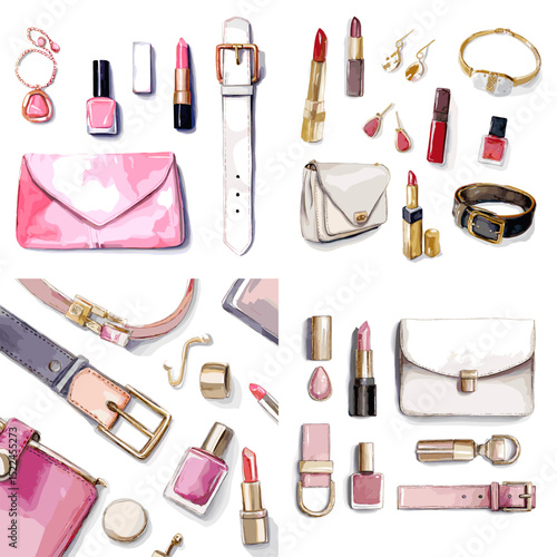 Chic watercolor clipart collection of women's fashion accessories including lipstick, clutch, belt, nail polish, jewelry, and beauty essentials.

