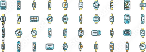 Various pedometer icons illustrate steps taken, distance covered, and fitness progress, aiding health monitoring and exercise goals