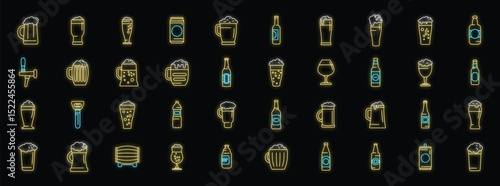 Bright neon beer icons represent different types of beer glasses, bottles, mugs, and other brewery equipment, glowing on a dark background