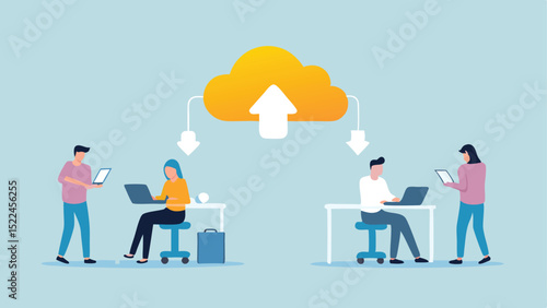 People using devices with cloud storage and data transfer in a light blue background illustration