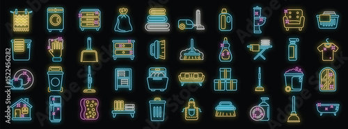 Bright neon icons representing various aspects of cleaning, including laundry, dishwashing, and house cleaning