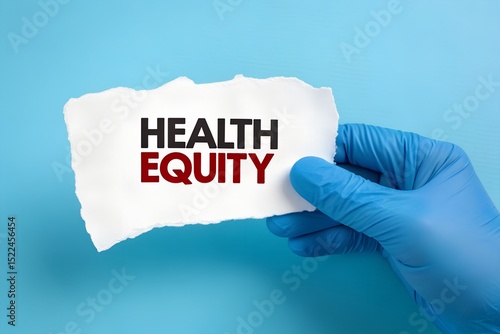 Health Equity Message on Torn Paper Held by Medical Gloved Hand on Blue Background