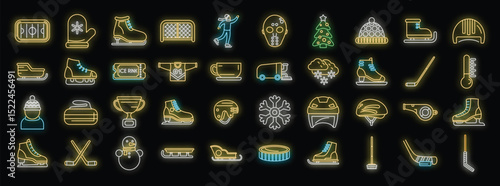 Neon icons representing various winter sports, including ice hockey equipment, ice skating, festive elements, and winter accessories, create a vibrant and glowing winter scene