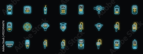 Gas detector glowing neon icons set on dark background. Portable methane, carbon monoxide, toxic, oxygen, explosive gas sniffer, sensor, analyzer, detection equipment. Vector illustration