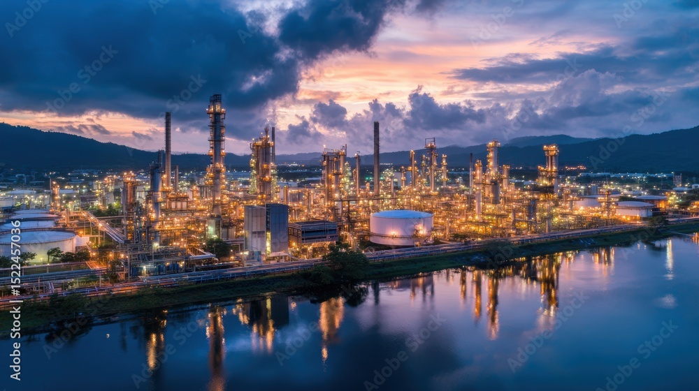 Fototapeta premium Aerial view of large industrial refinery complex under clear blue sky with soft ambient lighting, showcasing modern energy production infrastructure