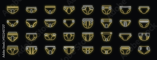Different styles of baby diapers glowing in neon yellow and white, suitable for dark backgrounds, creating a modern and vibrant look