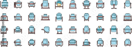 Various concrete mixer icons represent construction equipment used for mixing cement, showcasing diverse designs and functionalities