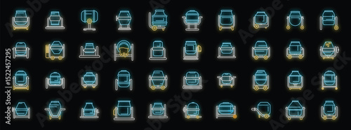 Concrete mixer icons set, cement mix machine glowing neon style on black background isolated vector illustration