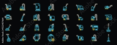 Neon icons depicting diverse cleaning equipment, showcasing vacuum cleaners, floor polishers, and other cleaning appliances