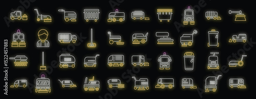 Cleaning service neon icons set, collection of cleaning equipment and street sweeper symbols in neon style vector illustrations