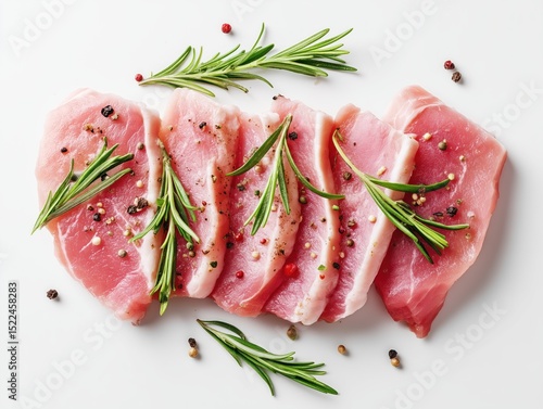 Sliced raw pork meat garnished with rosemary and pepper on a clean surface
