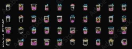 Vibrant neon signs depicting various bubble tea cups and mugs, highlighting a popular taiwanese drink