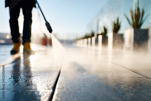 Woman pressure washing patio on a sunny day with water spraying everywhere