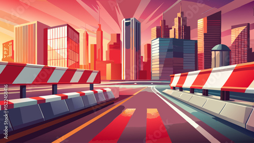 In the heart of the urban morning, a red-and-white barrier rests across the empty road. Close-up textures reflect streetlights. Caution glows softly beneath tall glass buildings and silence.

