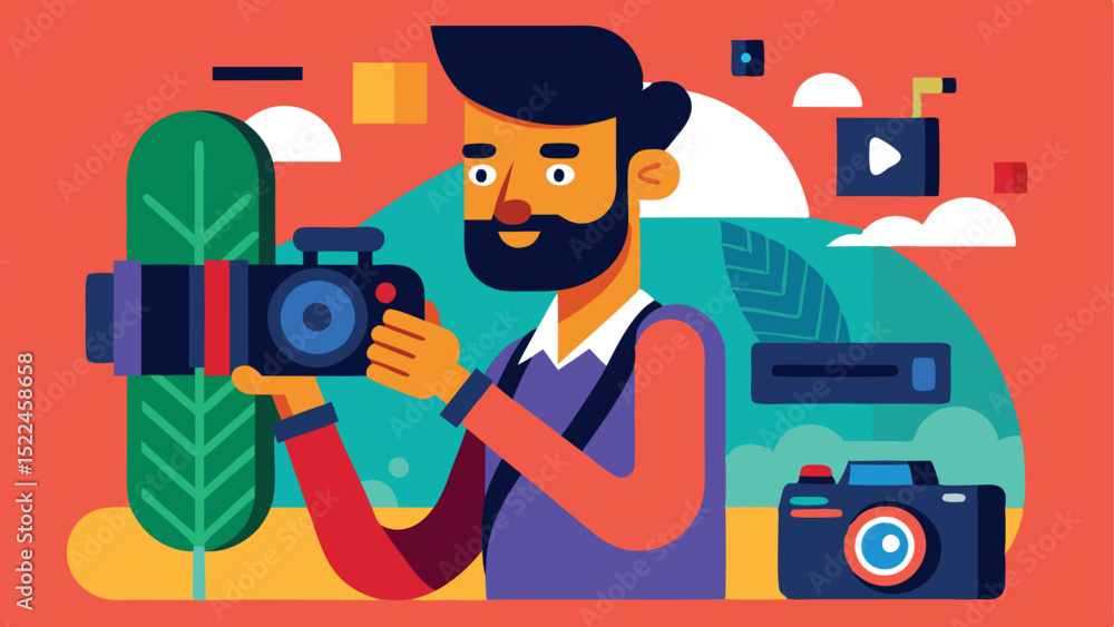Stylized Cartoon Man Holding Camera with Digital Art Elements and Geometric Shapes Stylized Cartoon Man Holding Camera with Digital Art Elements and Geometric Shapes