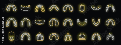 Glowing neon mouth guards on a black background, creating a vibrant and eye catching set of dental protection icons