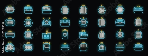Glowing neon icons of various pet carriers, including kennels, crates, and baskets, ideal for animal transportation