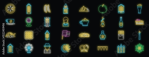 Colorful neon icons illustrating various aspects of bavarian culture, from traditional food and drinks to iconic landmarks and activities