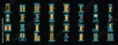 Collection of neon cat furniture icons glowing on black background, providing variety of play and relaxation options for feline companions
