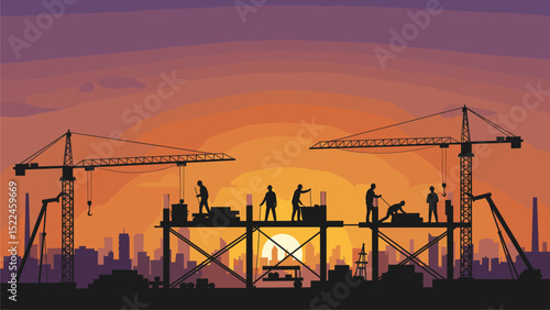 Construction Workers Silhouetted Against a Sunset Cityscape