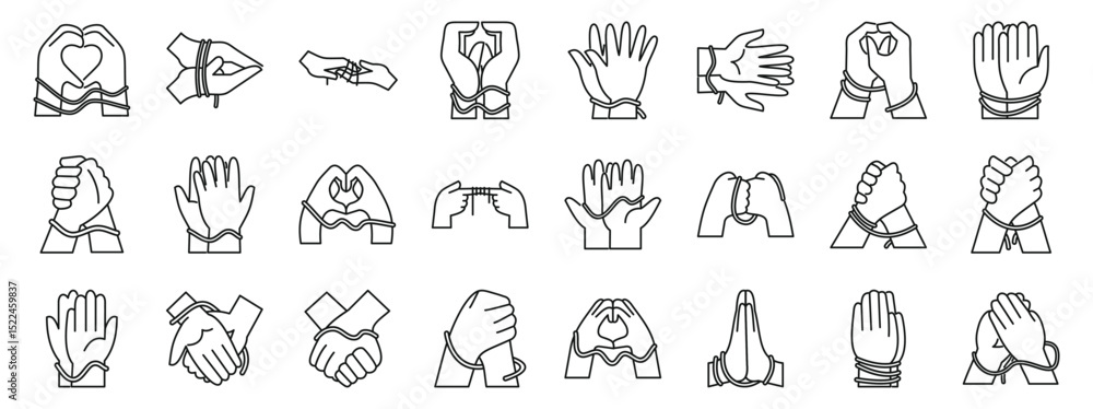 Hands tied red thread icons set. Set of line icons representing tied hands, symbolizing concepts from agreement and cooperation to imprisonment and constraint Hands tied red thread icons set. Set of line icons representing tied hands, symbolizing concepts from agreement and cooperation to imprisonment and constraint