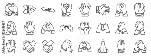 Hands tied red thread icons set. Set of line icons representing tied hands, symbolizing concepts from agreement and cooperation to imprisonment and constraint